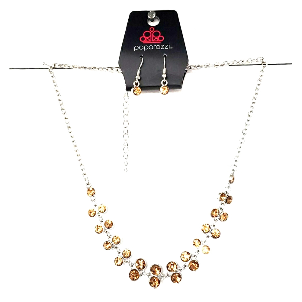 Paparazzi Necklace and Earrings Set Amber Silver